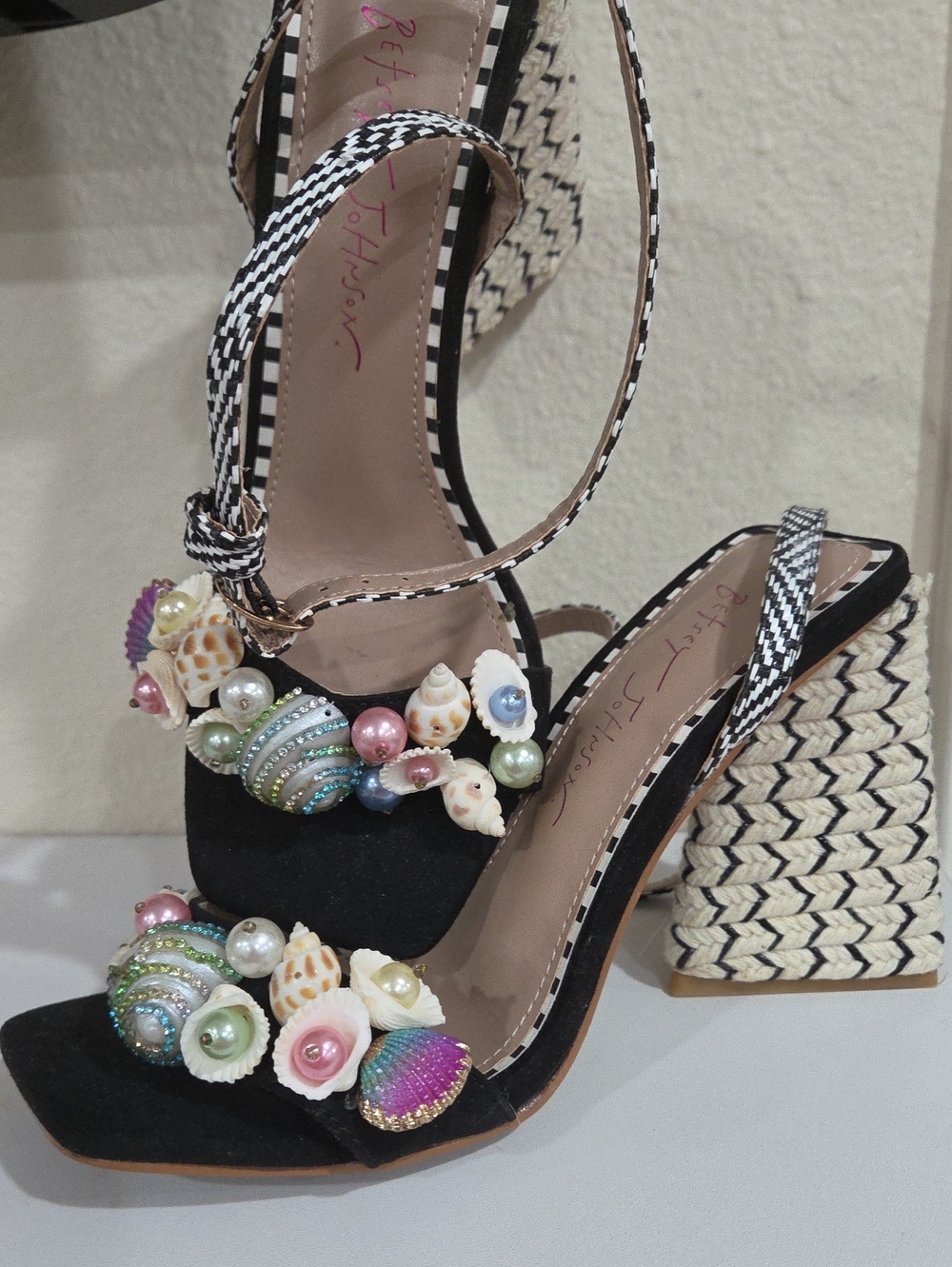 Betsey Johnson Woven Block Heel Sandals with Multicolor Shell Embellishments